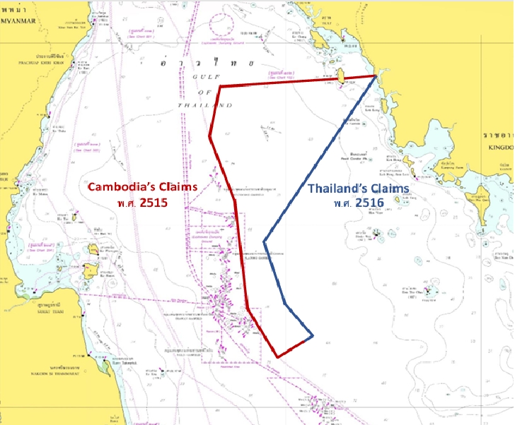 Khu vực yêu sách chồng lấn giữa Thái Lan và Campuchia. Đường nét xanh là yêu sách chủ quyền của Thái Lan, đường nét đỏ là yêu sách chủ quyền của Campuchia (Ảnh: Bộ Ngoại giao Thái Lan)
