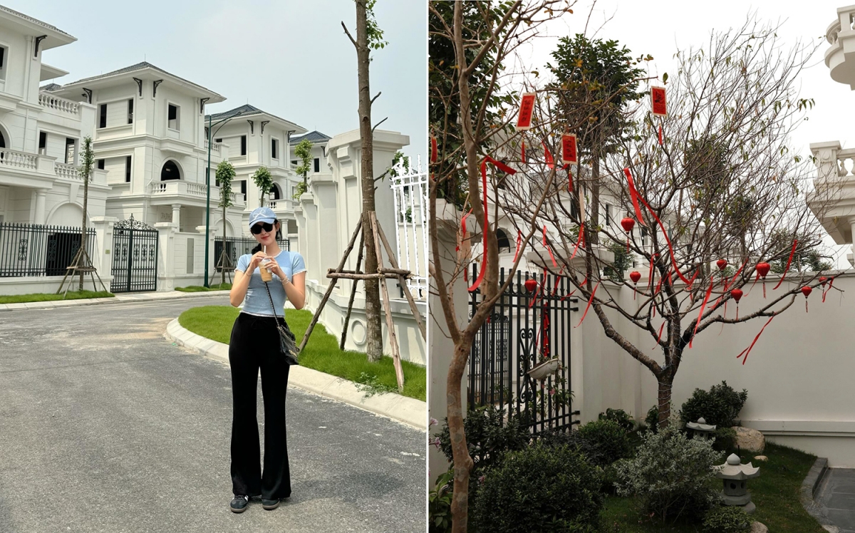 Cận kề dịp Tết, Huyền My tự tay chăm chút, trang hoàng cho không gian sống. Căn biệt thự ba tầng màu trắng được người đẹp 30 tuổi tô điểm bằng những cành đào cùng nhiều đèn lồng, câu đối...