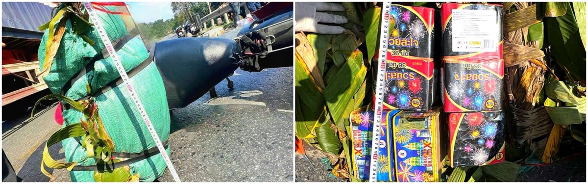 Bao tải trên xe máy bị thu giữ và số pháo hoa nổ cất giấu trong bao tải.