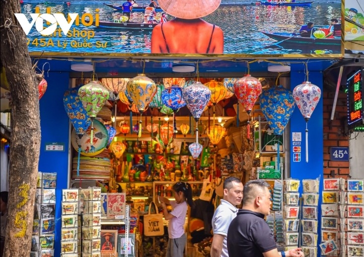 Decorative items adorn streets in Hanoi's Old Quarter.