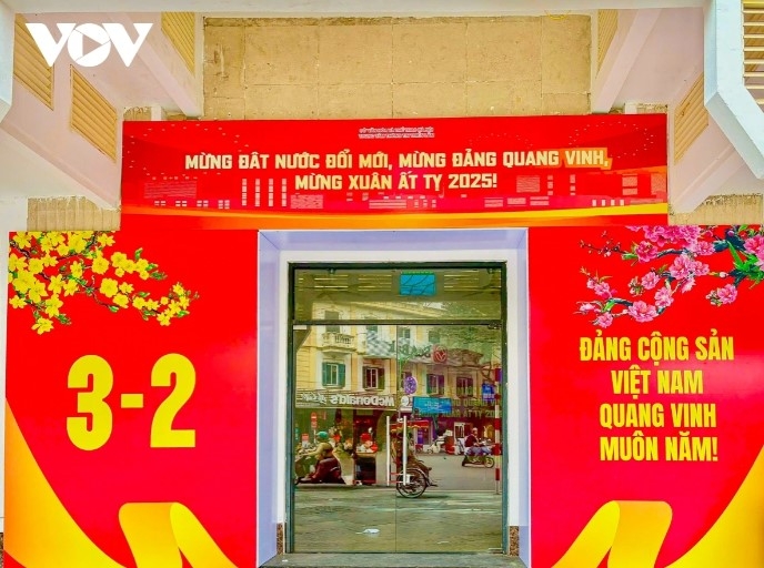 Posters featuring messages like "Happy New Year 2025 – Year of the Snake," "Happy New Spring," and "Celebrating 95 Years of the Communist Party of Vietnam" are displayed everywhere.