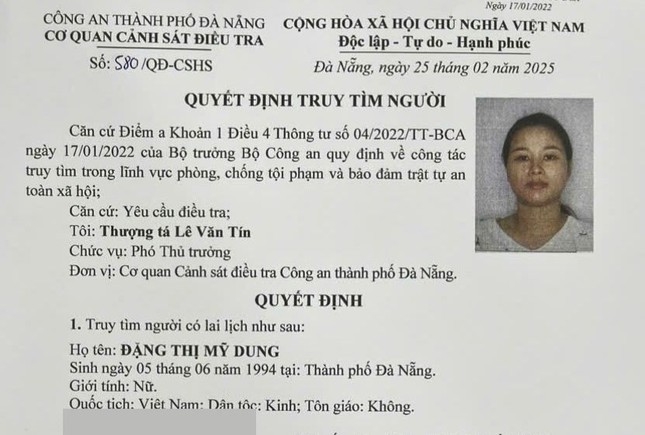 Công an TP Đà Nẵng truy tìm đối tượng Đặng Thị Mỹ Dung để phục vụ điều tra.