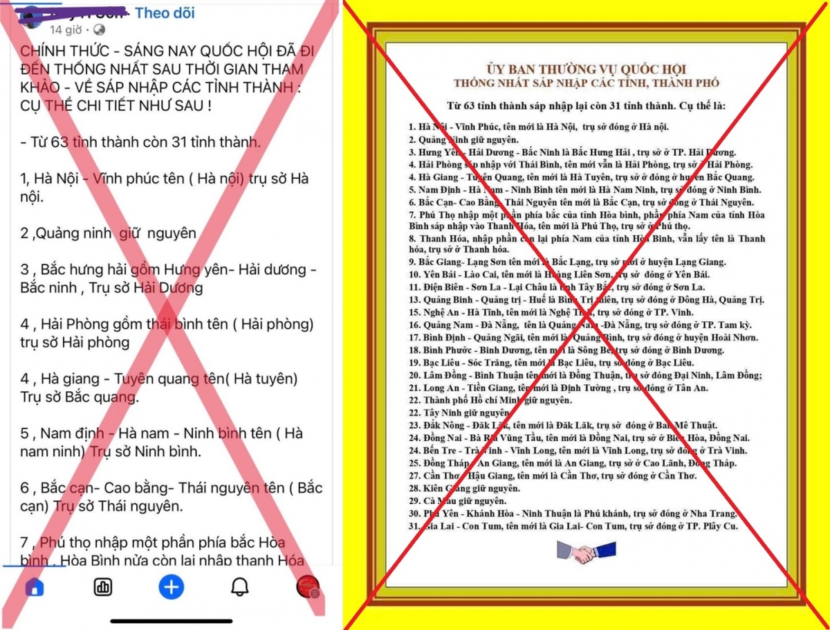 Các thông tin về danh sách sáp nhập tỉnh thành đang lan truyền trên mạng là tin giả. (Ảnh: Công an tỉnh Hà Nam và Công an tỉnh Ninh Bình)