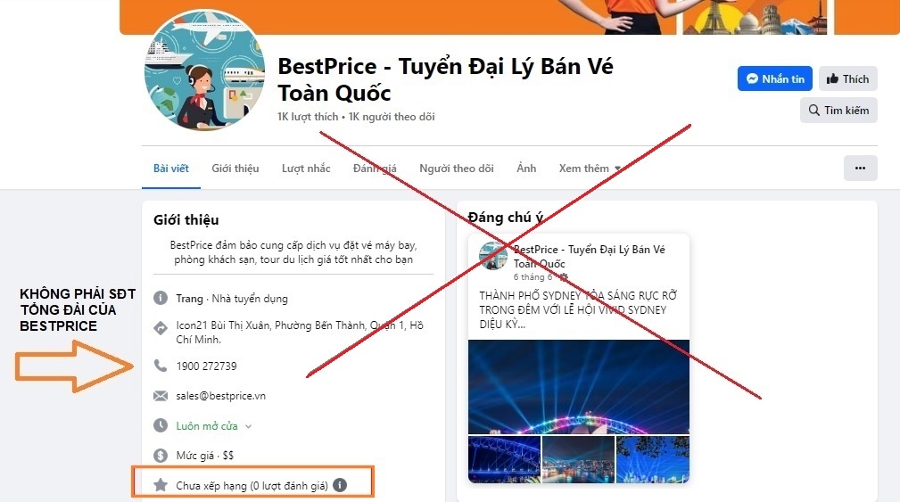 Fanpage bị phát hiện mạo danh một công ty du lịch uy tín tại Hà Nội
