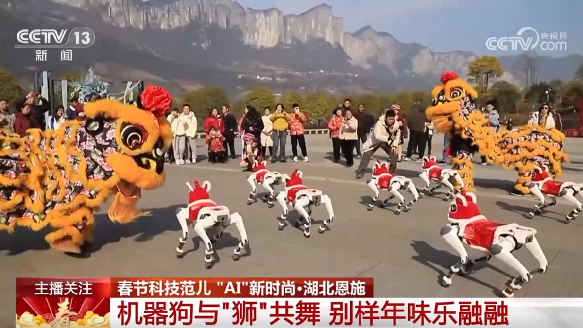 Chó robot biểu diễn cùng đoàn mùa lân. Ảnh: CCTV
