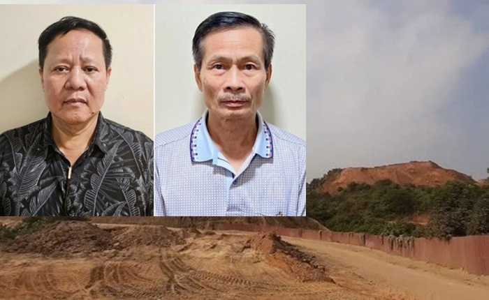 Bị cáo Đoàn Văn Huấn (trái, Chủ tịch công ty Thái Dương); Nguyễn Văn Chính (Phó Tổng giám đốc công ty Thái Dương) cùng hiện trường mỏ đất hiếm Yên Phú. 