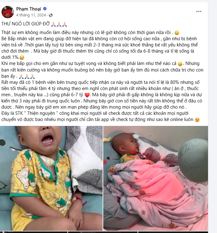 Bài đăng kêu gọi ủng hộ bé Bắp của Phạm Thoại
