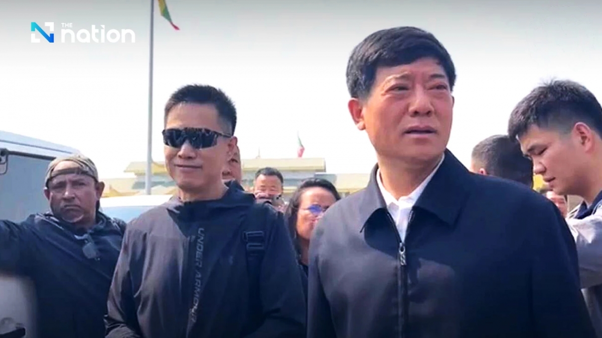 Trợ lý Bộ trưởng Bộ Công an Trung Quốc Lưu Trung Nghĩa có chuyến thăm tới huyện Mae Sot và thị trấn Myawaddy hôm 16/2/2025. Ảnh: The Nation