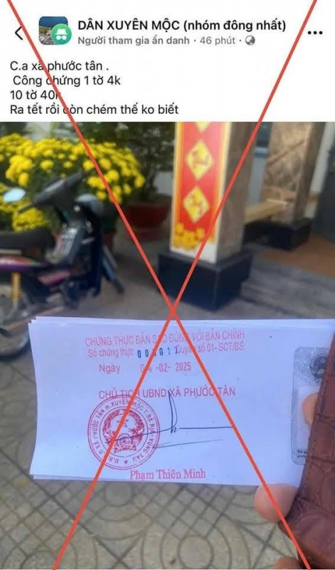 Tài khoản ẩn danh đăng lên hội nhóm nội dung xuyên tạc, xúc phạm danh dự, uy tín công an, UBND xã Phước Tân, huyện Xuyên Mộc