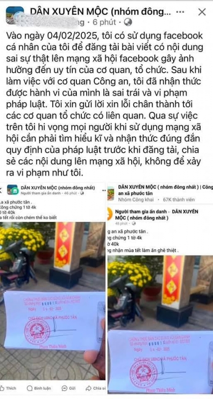 Ông N.H.T nhận thấy việc làm của mình là sai và xin lỗi, cam kết không tái phạm