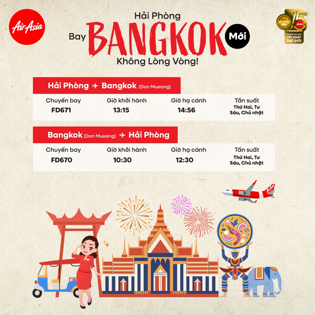 AirAsia bắt đầu khai thác đường bay thẳng Bangkok - Hải Phòng từ 16/7/2025. Nguồn: Air Asia
