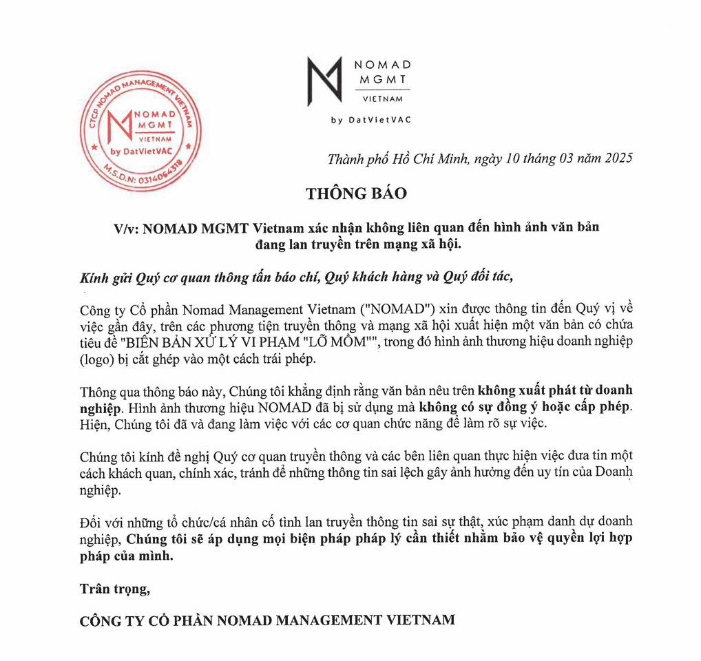 Công ty Nomad Management Vietnam (thuộc DatVietVAC) phủ nhận liên quan đến văn bản có tên "Biên bản xử lý vi phạm lỡ mồm" có câu sửa tiêu ngữ thành "Độc lập - tự do - Hé lộ tí thôi"'.