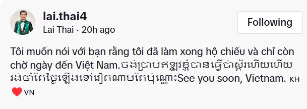 Trên trang TikTok, Lai Thai thông báo đã làm xong hộ chiếu, chuẩn bị đến Việt Nam