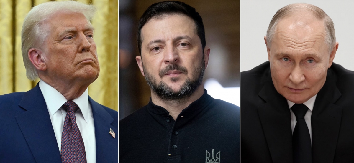 Từ trái sang, ông Trump, ông Zelensky và ông Putin. Ảnh: ABC