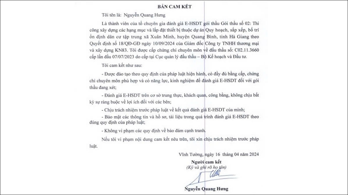 Bản Cam kết trung thực, khách quan của Tổ chuyên gia ký vào ngày 16/4/2024 trước thời gian thành lập 5 tháng.