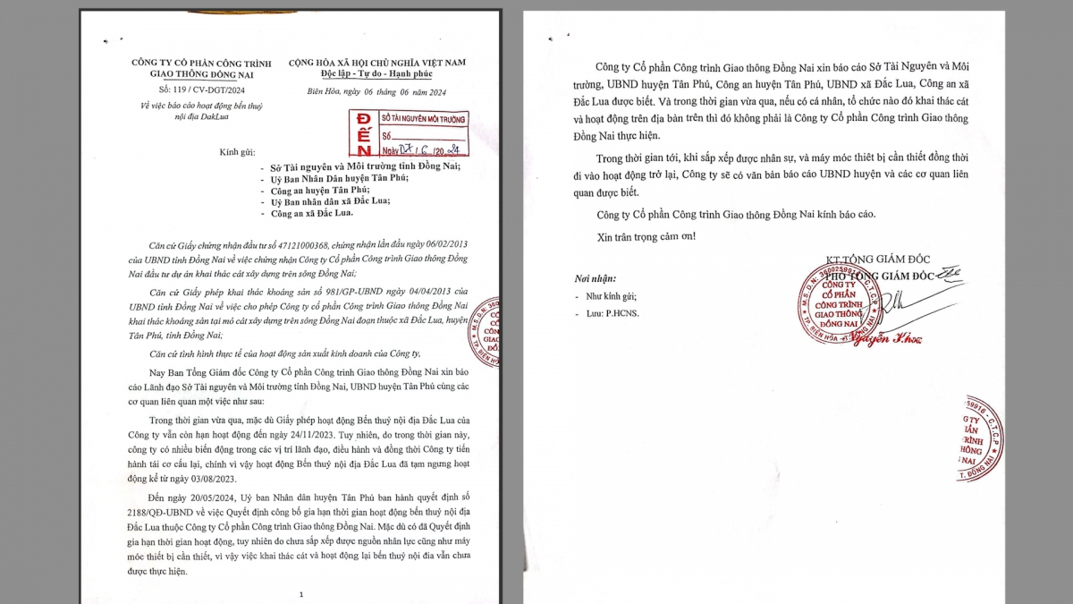 Văn bản báo cáo về việc không hoạt động bên thuỷ nội địa dù được gia hạn, phủ nhận những cáo buộc của người dân về hoạt động khai thác cát.