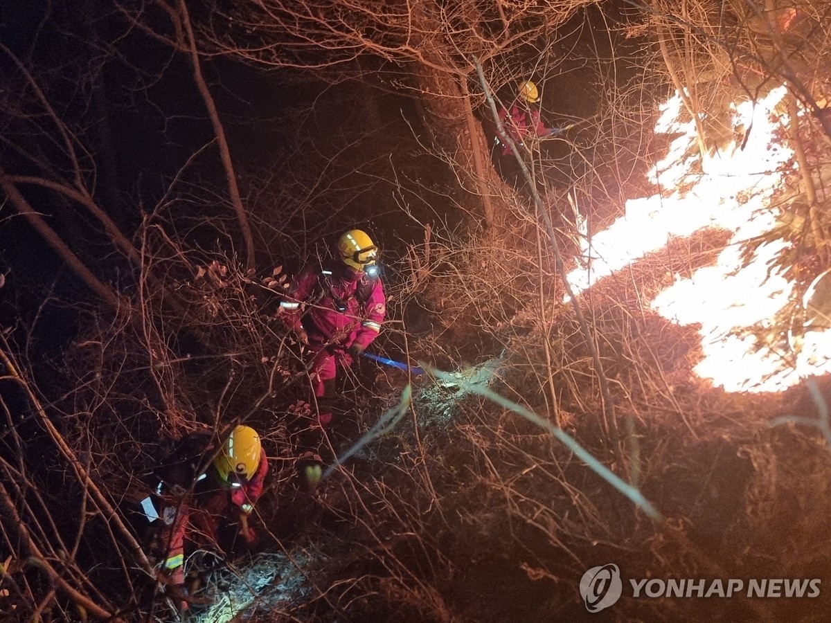 Đã có nhiều dấu hiệu tích cực khi mưa nhẹ đang rơi tại nhiều nơi, tạo điều kiện thuận lợi cho công tác khống chế cháy rừng của lực lượng chức năng Hàn Quốc. Ảnh: Yonhap