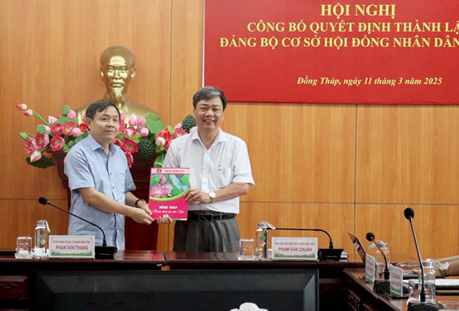 Chủ tịch HĐND Đồng Tháp Phan Văn Thắng trao quyết định (Ảnh: Khải Hân)