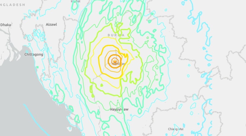 Tâm chấn của trận động đất gần khu vực thành phố Monywa ở miền trung Myanmar (Ảnh: earthquake.usgs.gov)