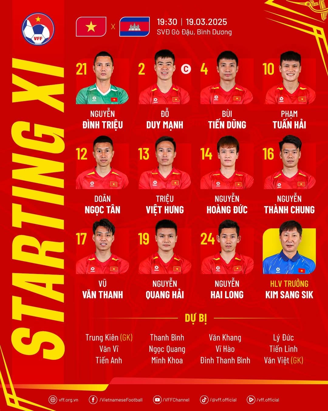 Đội hình ra sân của ĐT Việt Nam.