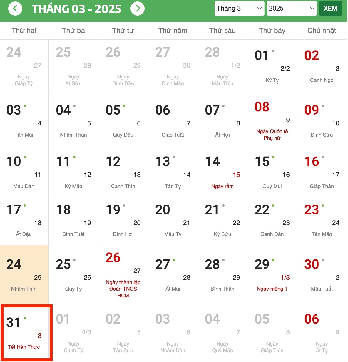 Tết Hàn thực 2025 là ngày nào?