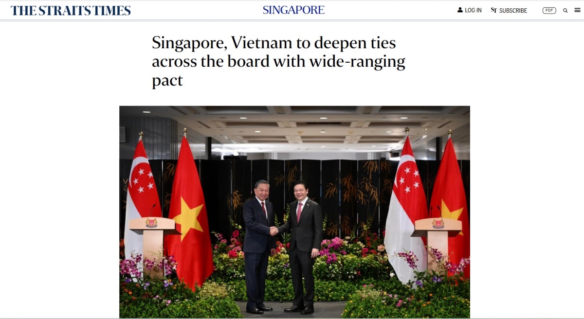 Hãng tin Straitstimes có bài viết trích dẫn phát biểu chính sách của Tổng Bí thư Tô Lâm tại Đại học Quốc gia Singapore. Ảnh: Screenshot