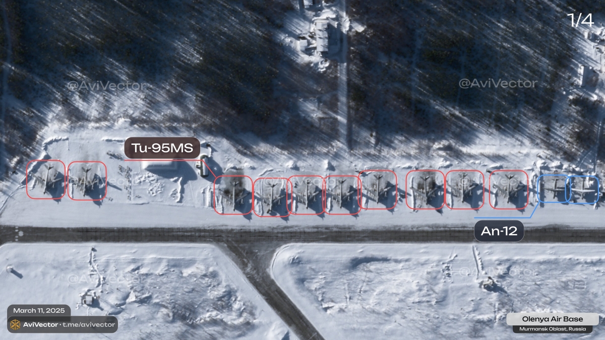 Máy bay ném bom Nga tập trung tại căn cứ Olenya ngày 11/3. Nguồn: AviVector