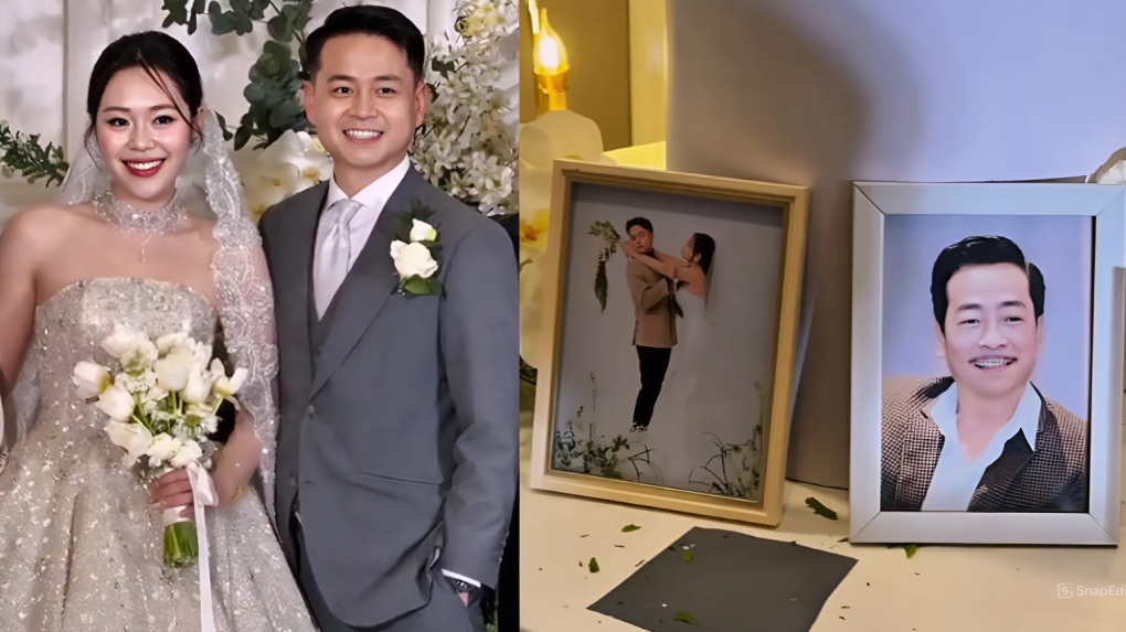 Diễn viên Hoàng Triều Dương, con trai NSND Hoàng Dũng, dành một góc để tưởng nhớ bố trong đám cưới với bạn gái lâu năm.