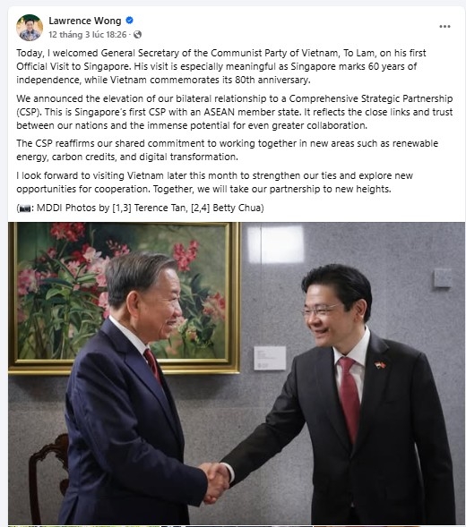 Trên trang mạng xã hội cá nhân, Thủ tướng Singapore Lawrence Wong cho biết sẽ sớm thăm Việt Nam trong cuối tháng nhằm thúc đẩy hơn nữa quan hệ song phương cũng như cơ hội hợp tác đầu tư giữa hai nước.