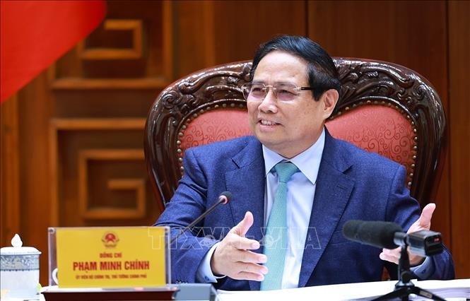 Thủ tướng Phạm Minh Chính, Bí thư Đảng uỷ Chính phủ chủ trì họp Đảng bộ Chính phủ về sắp xếp địa giới hành chính (Ảnh: Dương Giang/TTXVN)