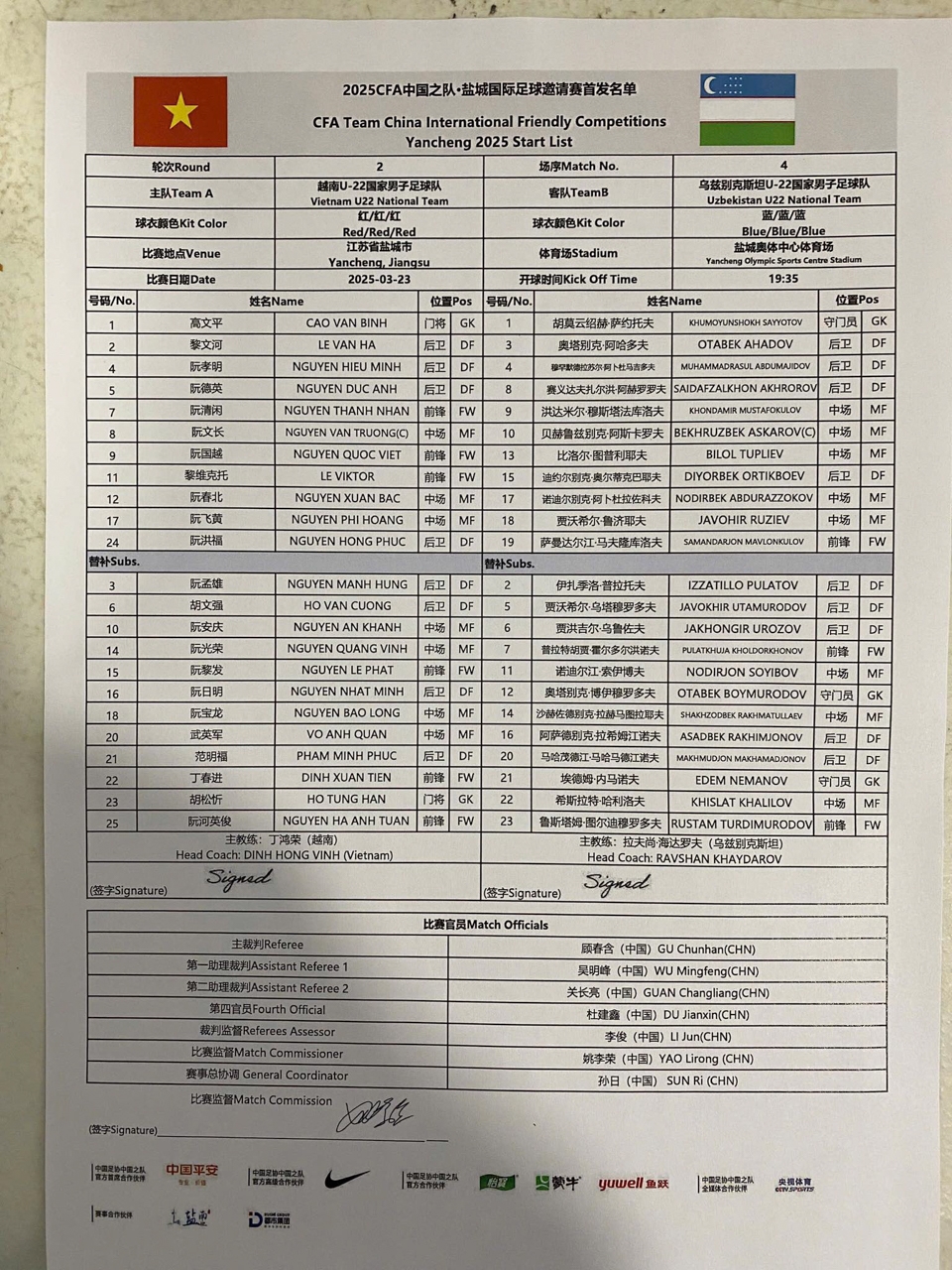 Danh sách thi đấu trận U22 Việt Nam và U22 Uzbekistan.