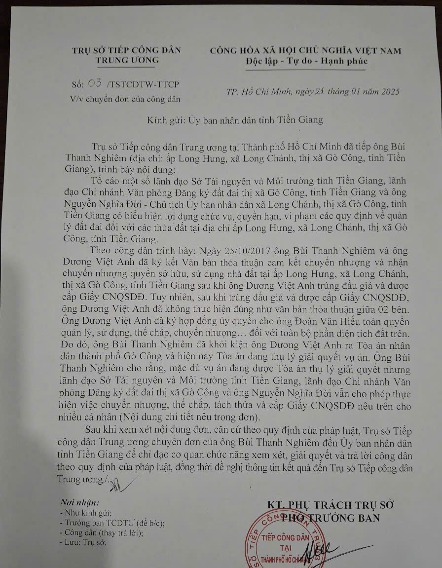 Văn bản của Ban Tiếp công dân T.Ư chuyển đơn tố cáo của ông Bùi Thanh Nghiêm đến UBND tỉnh Tiền Giang.