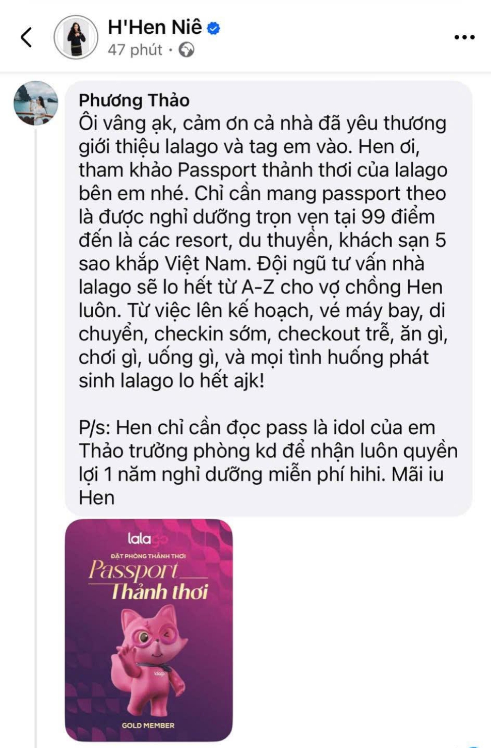 Comment của nick Facebook tự xưng là “Thảo trưởng phòng kinh doanh” trên tường của H’Hen Niê