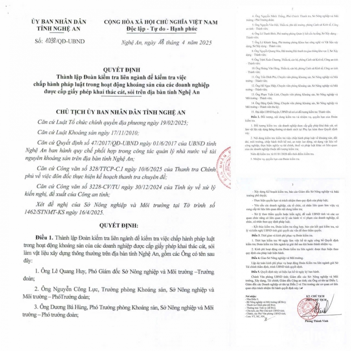 Quyết định thành lập Đoàn kiểm tra liên ngành kiểm tra việc chấp hành pháp luật trong hoạt động khoáng sản của các doanh nghiệp được cấp giấy phép khai thác cát, sỏi trên địa bàn tỉnh Nghệ An. 