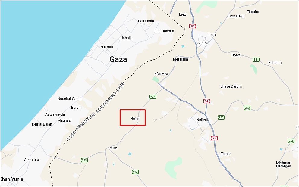 Vị trí ngôi làng Be'eri cạnh Gaza. Ảnh: Google Map.
