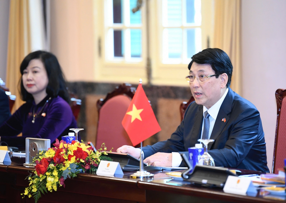 Chủ tịch nước Lương Cường phát biểu tại cuộc hội đàm