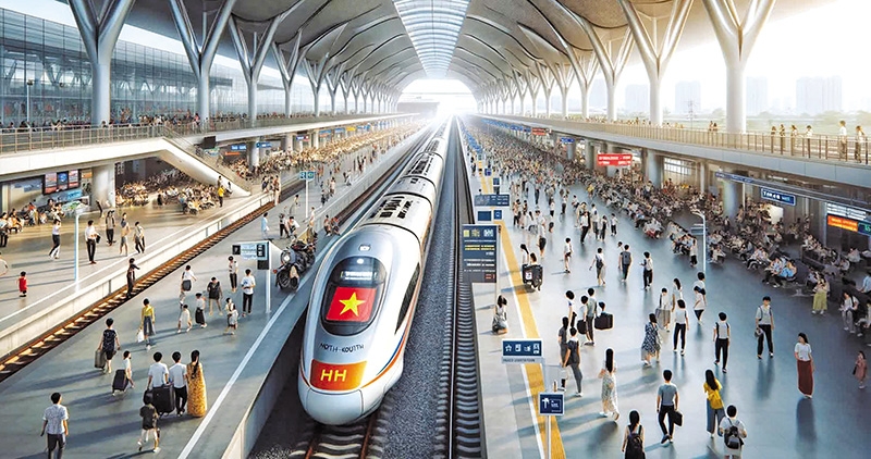 Phối cảnh nhà ga đường sắt tốc độ cao trên trục Bắc - Nam. Ảnh AI.