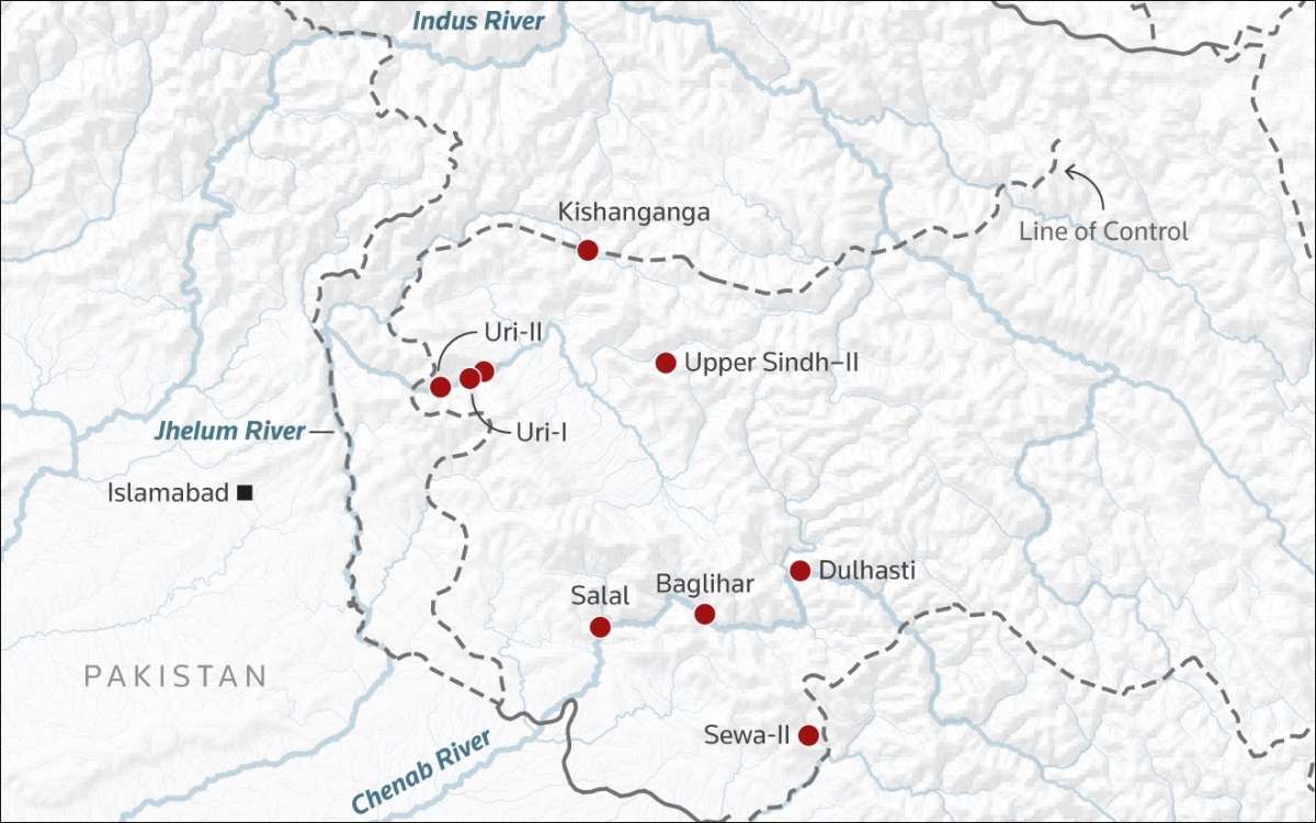 Các dự án thủy điện của Ấn Độ ở vùng Kashmir, sát Pakistan. Đồ họa: Reuters.