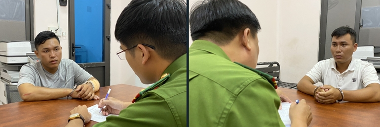 Công an lấy lời khai 2 đối tượng cướp tiệm vàng ở huyện Hóc Môn. Ảnh: CA