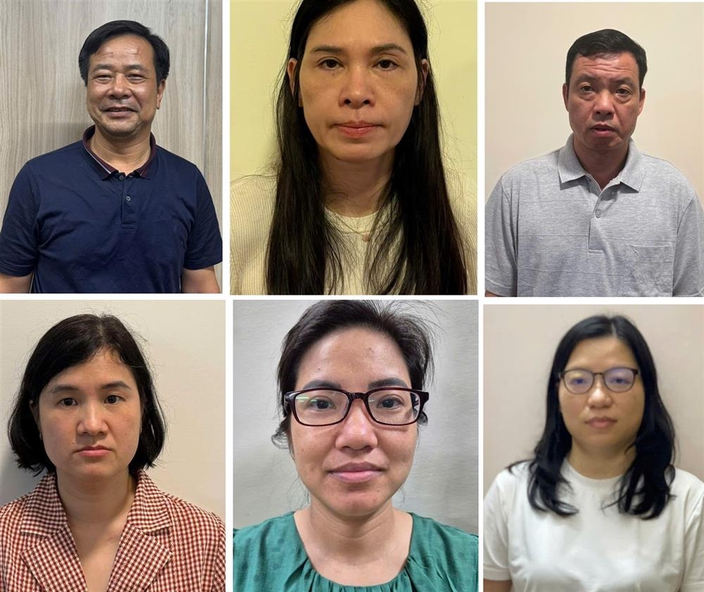 Nghiêm Quốc Hưng (hàng đầu bên trái) và các bị can trong vụ án.