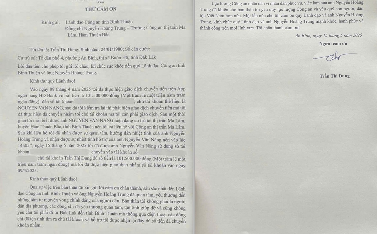Thư cảm ơn của bà Trần Thị Dung. Ảnh: CABT