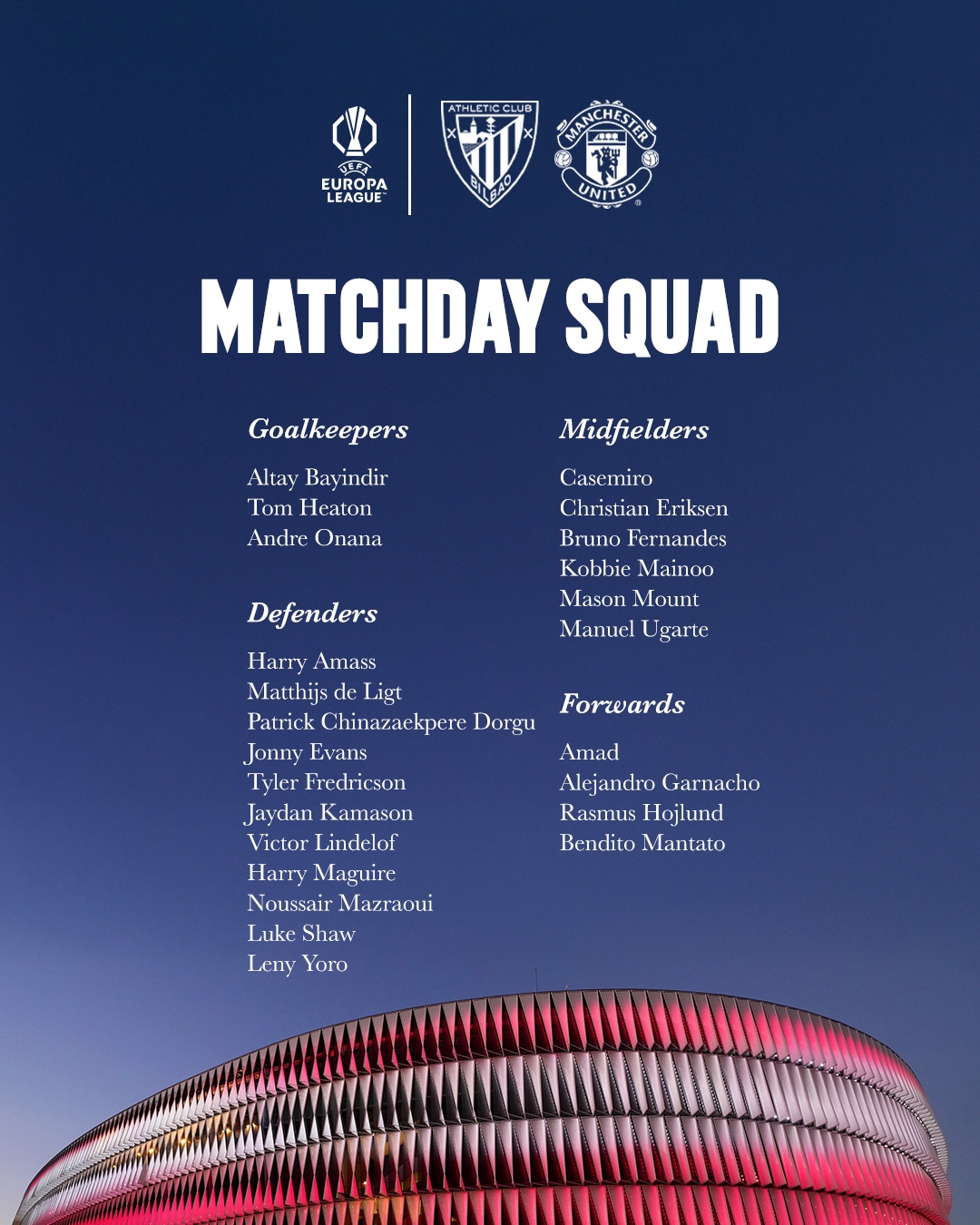 Danh sách các cầu thủ MU chuẩn bị cho trận đấu. 