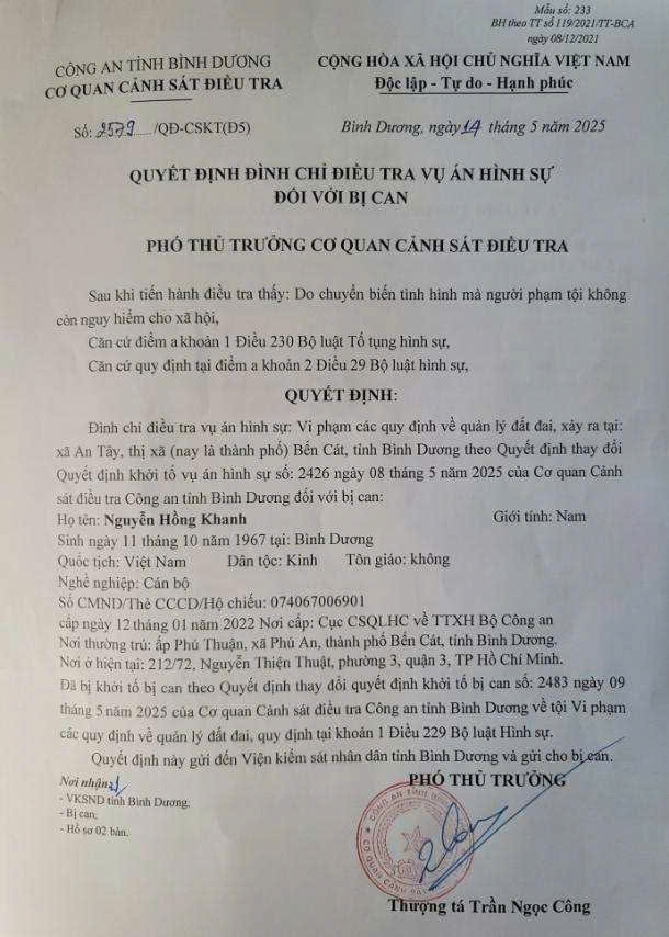 Quyết định đình chỉ điều tra vụ án hình sự đối với bị can Nguyễn Hồng Khanh
