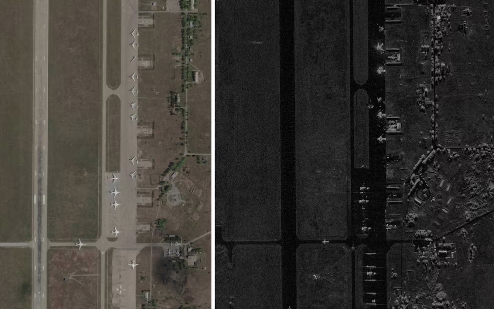 Hình ảnh vệ tinh về sân bay Belaya của Nga trước và sau lúc bị UAV Ukraine tập kích hôm 1/6. Ảnh trái do công ty Planet Labs PBC, ảnh phải do công ty Capella Space chụp.