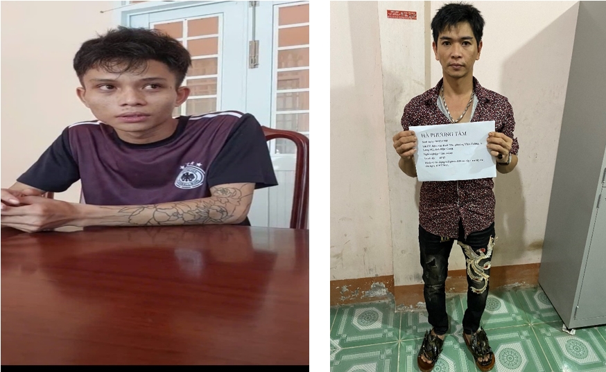 Đối tượng Trần Văn Hào (bên trái) và Hà Phương Tâm (bên phải) tại cơ quan Công an (Ảnh: Trung Nghĩa).