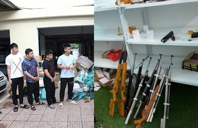 Nhóm của Nguyễn Hữu Định và tang vật. (Ảnh: Công an cung cấp)