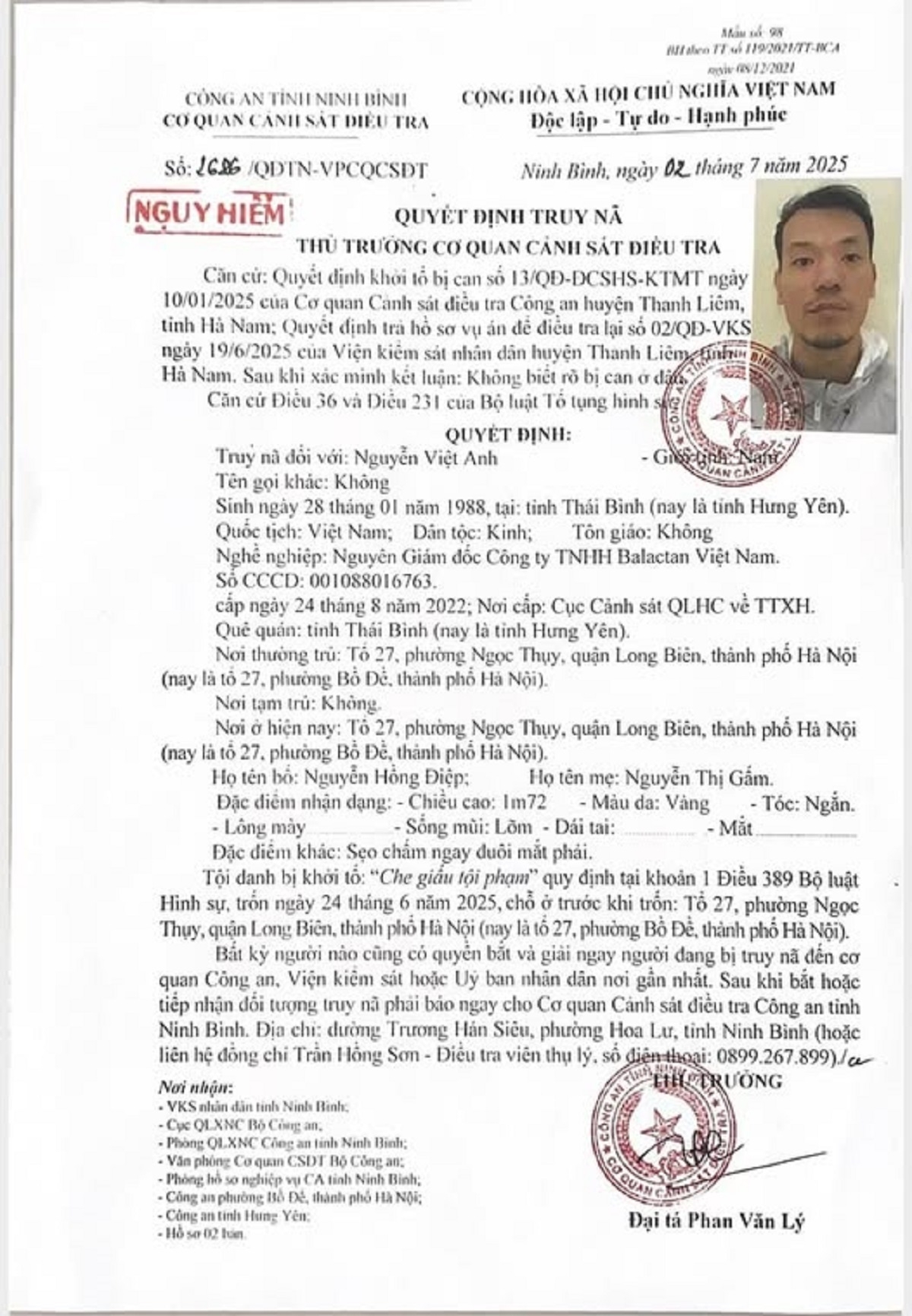 Quyết định truy nã Nguyễn Việt Anh