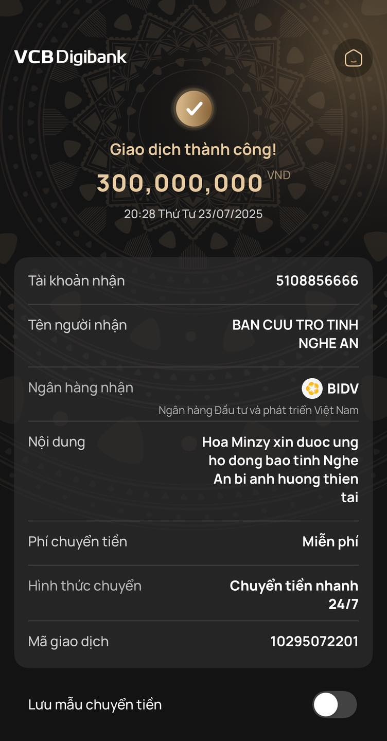 Hòa Minzy chuyển khoản số tiền 300 triệu đồng đến Ban cứu trợ tỉnh Nghệ An để hỗ trợ bà con vùng lũ ở Nghệ An (Ảnh: FBNV)