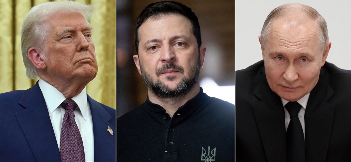 (từ trái sang) Ông Trump, ông Zelensky, ông Putin. Ảnh: ABC News