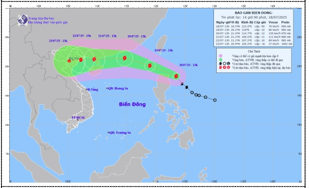 Bản đồ dự báo quỹ đạo và cường độ bão Wipha phát lúc 14h00 ngày 18/7/2025